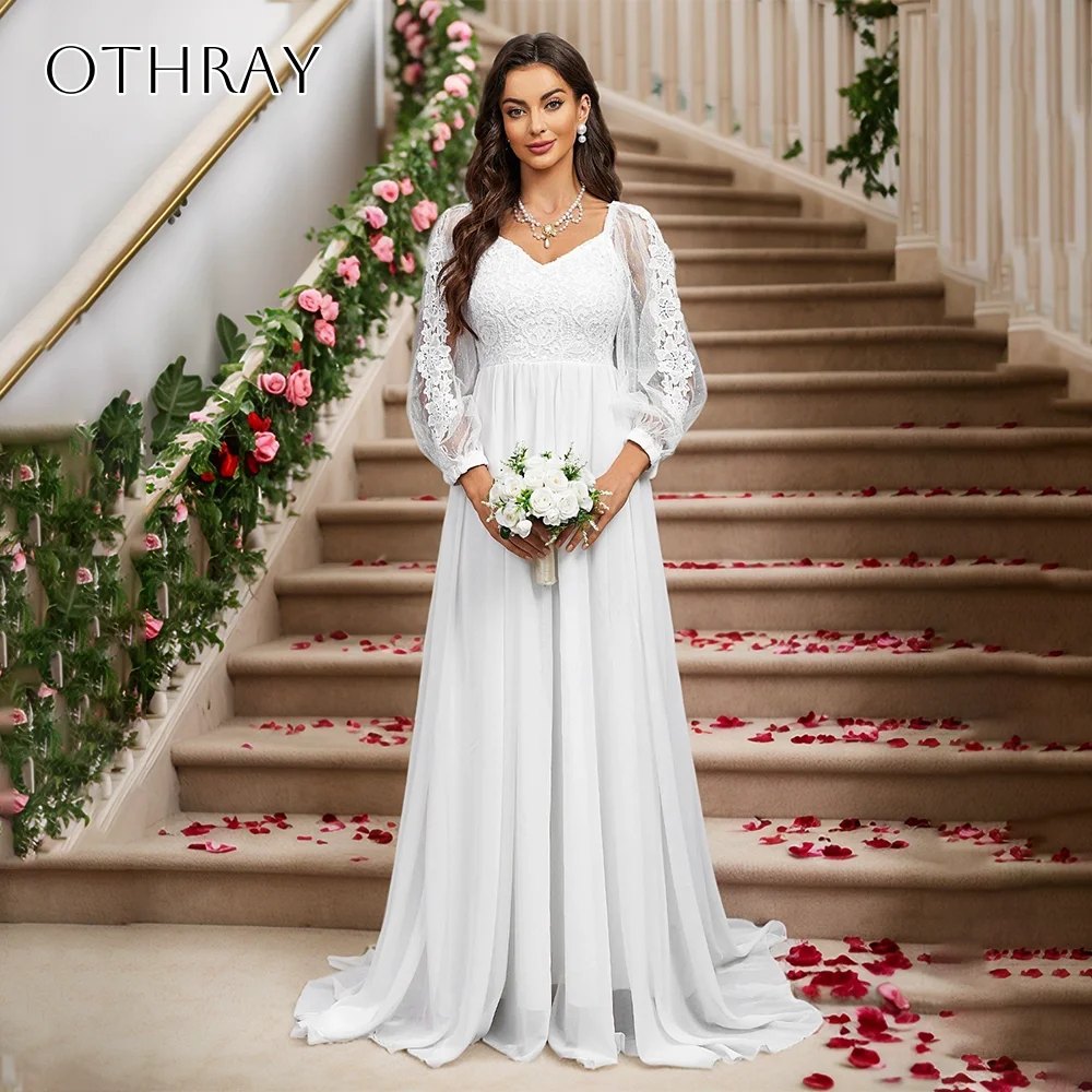 Lace Long Sleeves A-line Bridal Wedding Gown V-neck Chiffon Sweep Train Customized свадебное платье