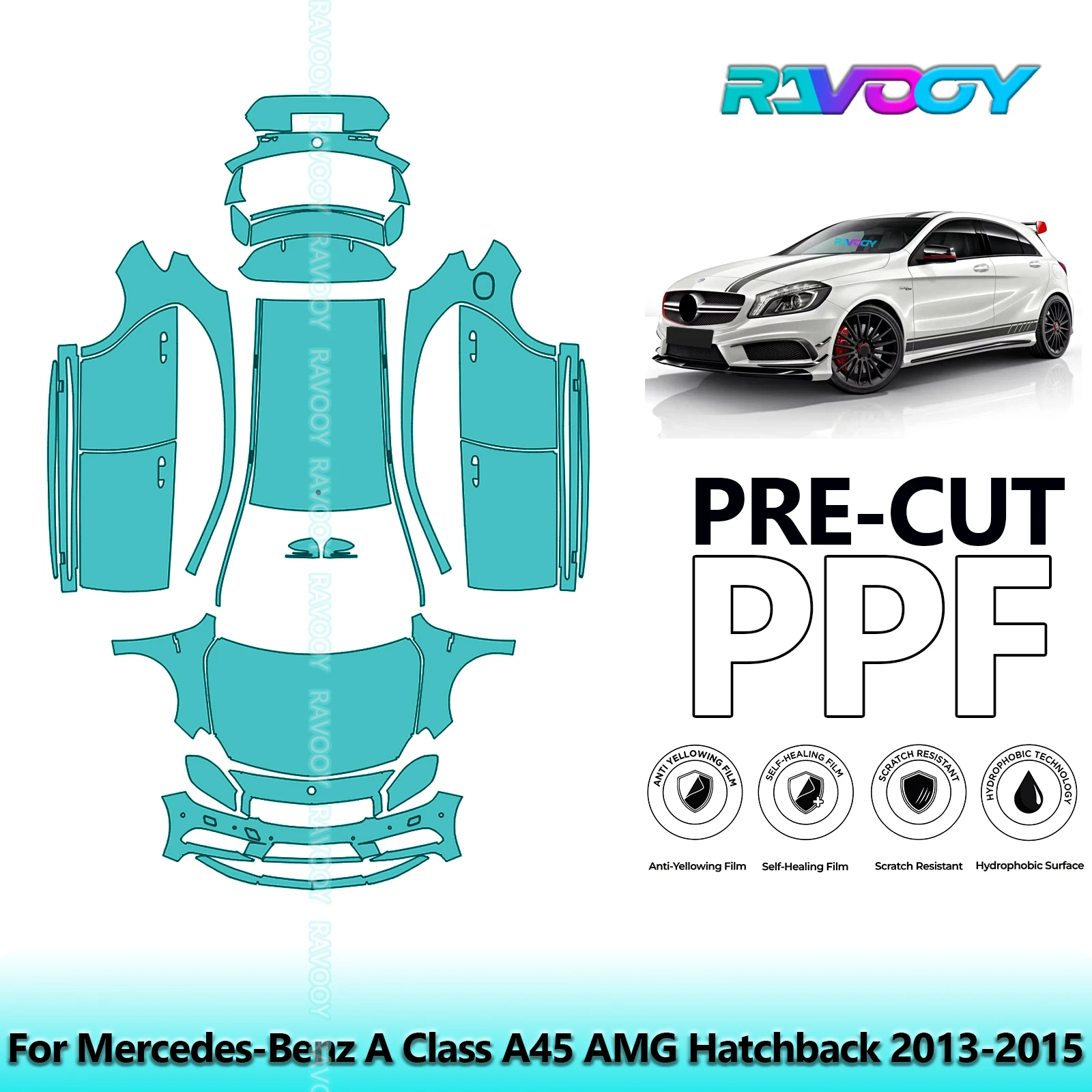 RAVOOY Custom-Fit Precut TPU PPF Full Vehicle Clear Bra Stone Guard EU UK For Mercedes-Benz A Class A45 AMG Hatchback 2013-2015