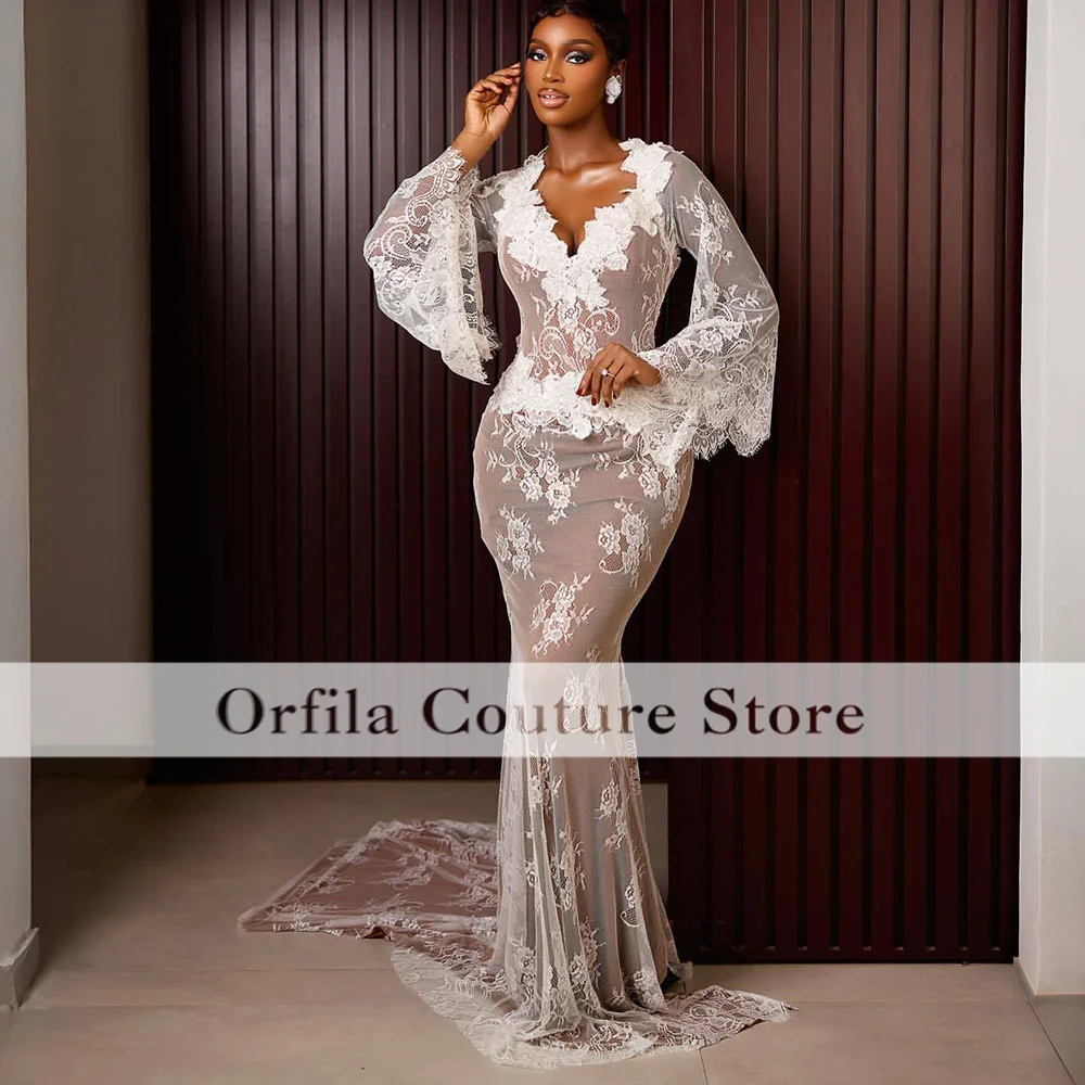Elegant Lace Mermaid Wedding Dresses For Brides Long Sleeves Civil Bridal Gowns African Women Vestidos Elegantes Customized