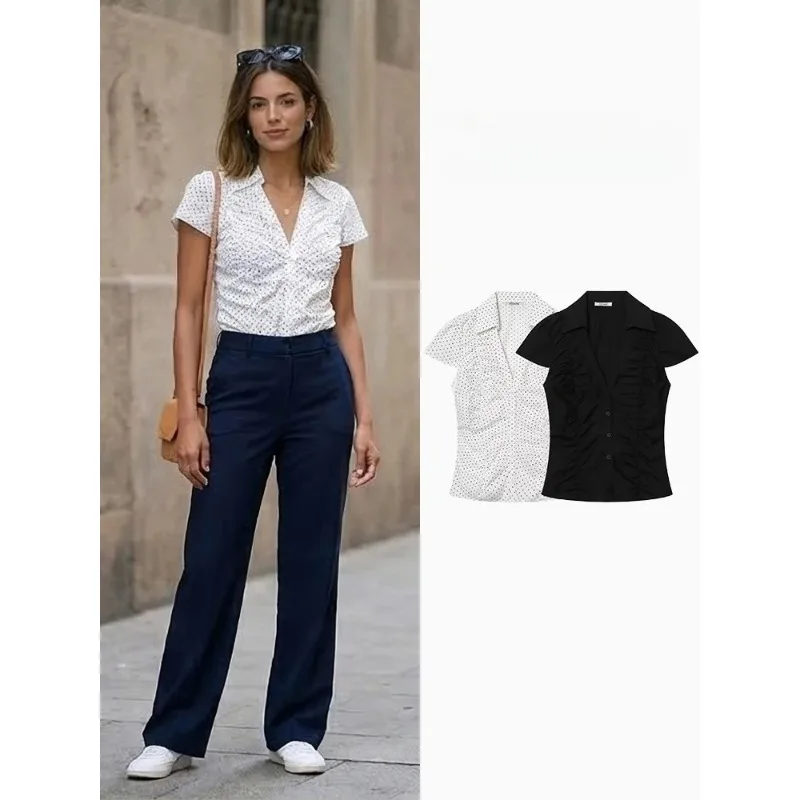 

FANAN Women Fashion Pleated Single Breasted Blouse Tops Vintage Lapel Neck Short Sleeves Female Chic Lady Shirts