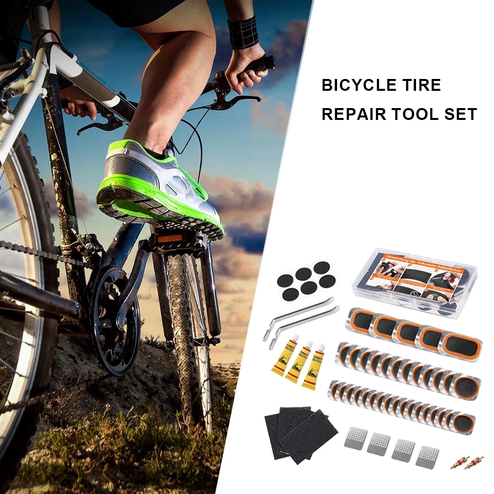 Bike Tire Tyre Tube Repair Kit Cycling Flat Tire Repair Rubber Patch Glue Lever Cycling No Glue Bicycle Inner Tube Puncture Tool