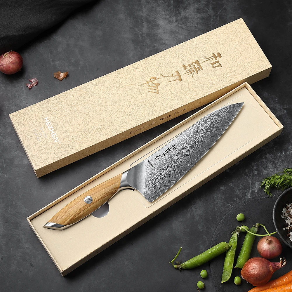 HEZHEN Flagship Series 8 Inch Chef Knife 73 Layers Powder Steel Core Damascus Steel Olive Wood Handle Gift Box Kitchen Knife