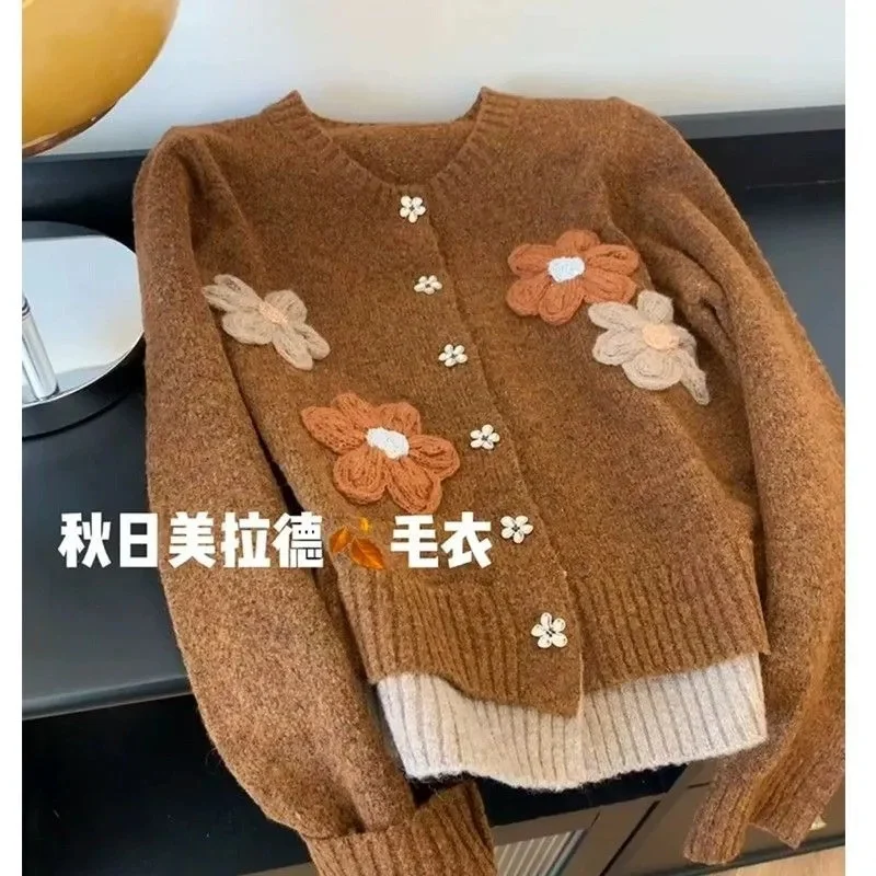 Sweet Hand Embroidered Flower Loose Casual Sweater For Women's Spring Autumn Winter 2025 New Knitted Cardigan Top Outerwear