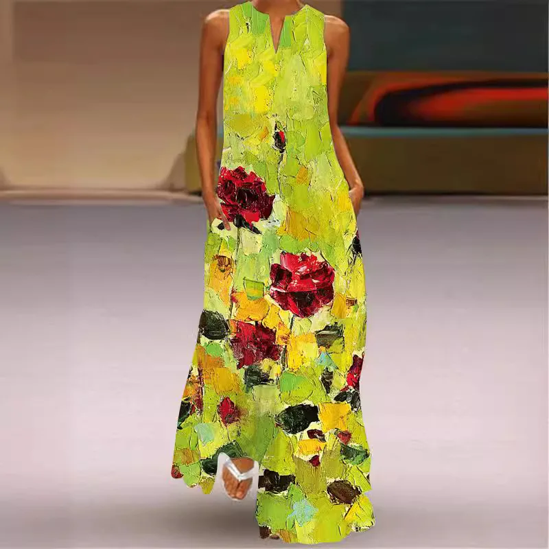 Women's New Summer Pocket Sleeveless V-neck Pullover Printed Sexy Dress 2024 Female Flower Printed Big Swing Maxi Dress Vestidos