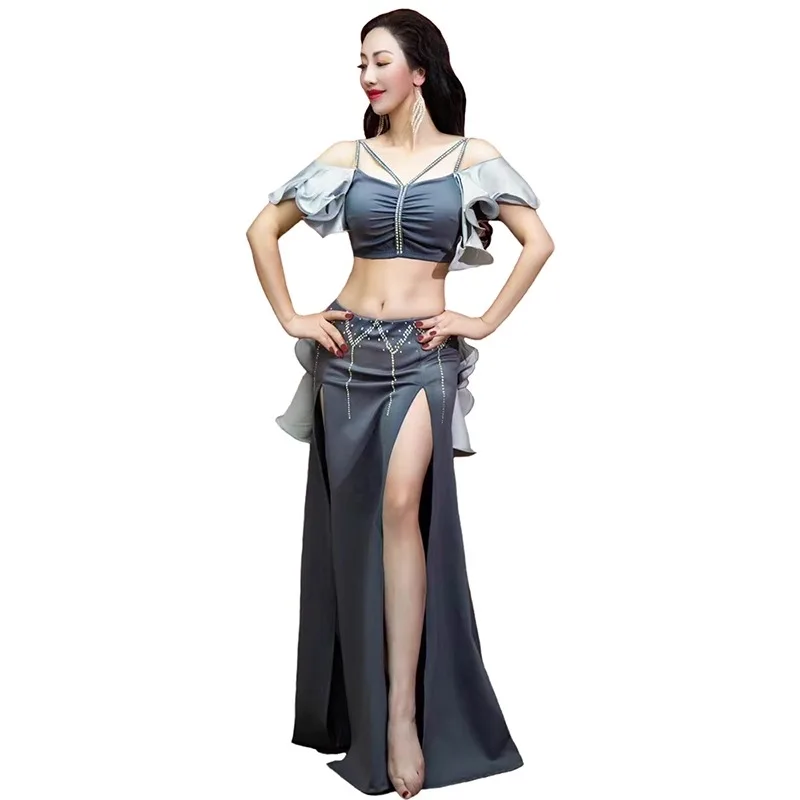 customized bellydancewear performance Practice set with lotus leaf rhinestones chest cotton suspender top double slit long skirt