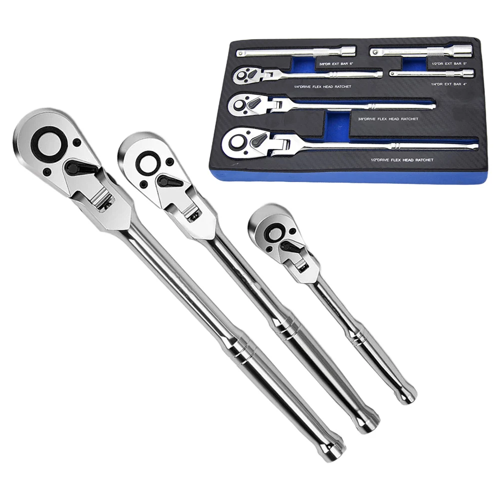 6PC 1/4 3/8 1/2inch Flex Head Ratchet Wrench Drive Swivel Extension Bar 72 Tooth Flex Head Ratchet Set Is A Great Addition