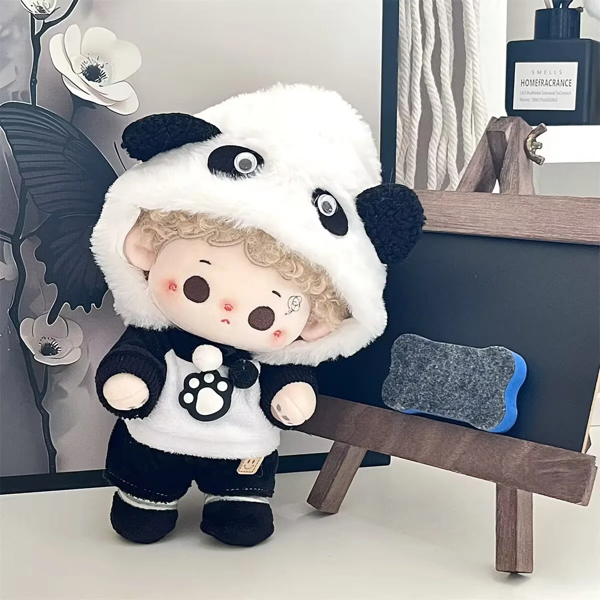 【 판다 자이 자이 】20cm 면 인형 의류 세트, 어린이를 위한 흑백 판다 봉제 인형 드레스업