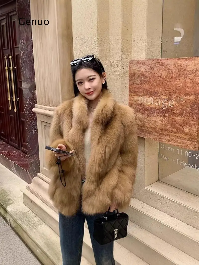 Women Khaki Faux Fur Coat Short Lapel Collar Winter Warm Overcoat Thick Fluffy Outerwear for Daily Casual Streetwear