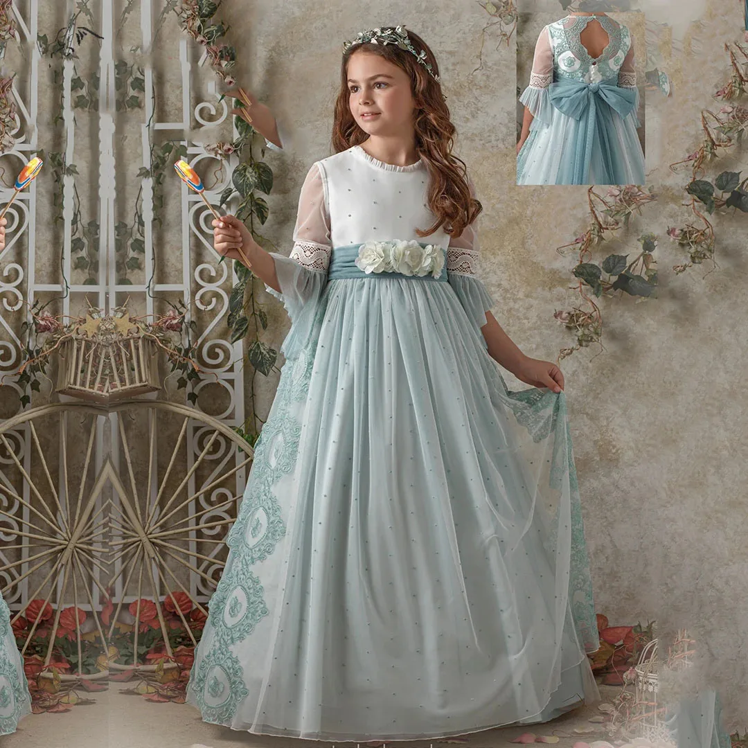 Personalizado elegante vestidos da menina de flor para o casamento rendas apliques 3d floral clássico princesa festa aniversário quinceanera vestido