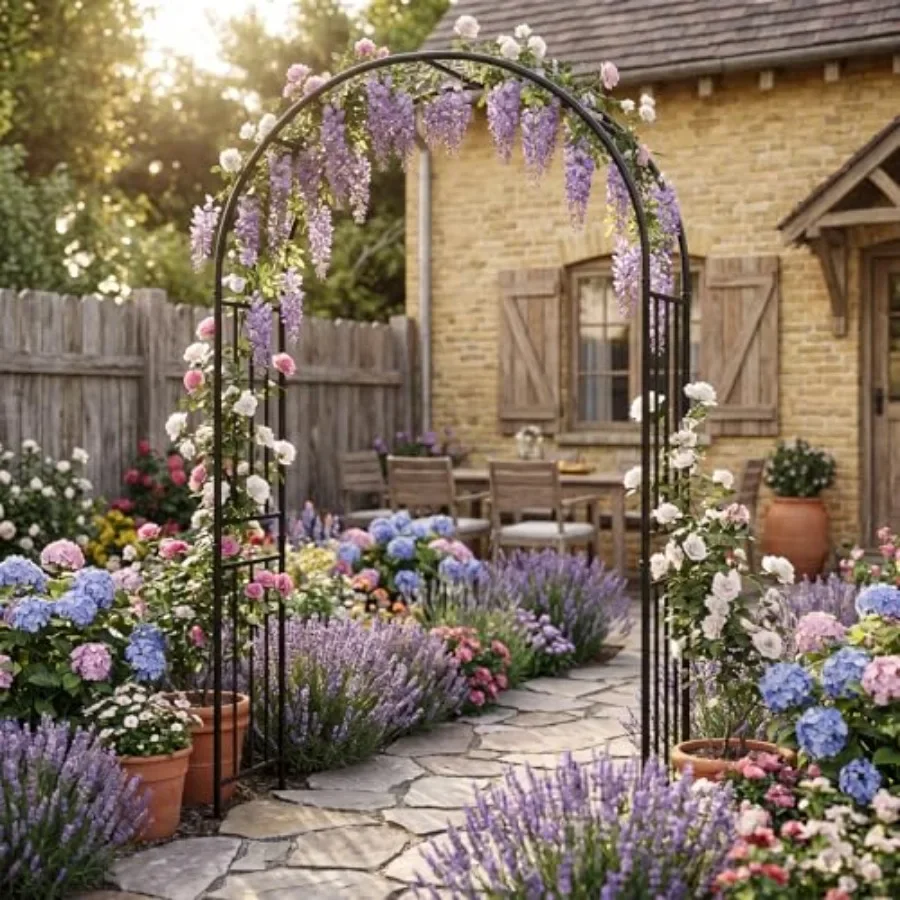 Garden arch arbor trellis for climbing plants, 7.2 ft, black metal, rust-resistant finish, easy assembly