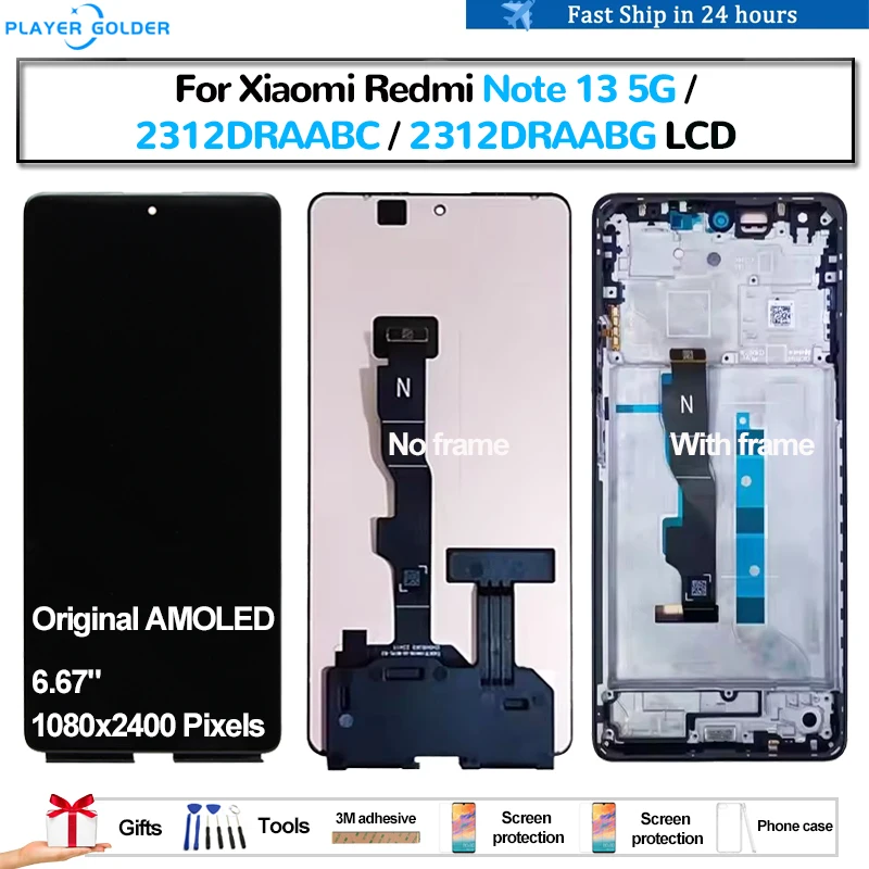 Original AMOLED For Xiaomi Redmi Note 13 5G 2312DRAABC 2312DRAABG lcd Display Touch Panel Screen Digitizer Assembly Replacement