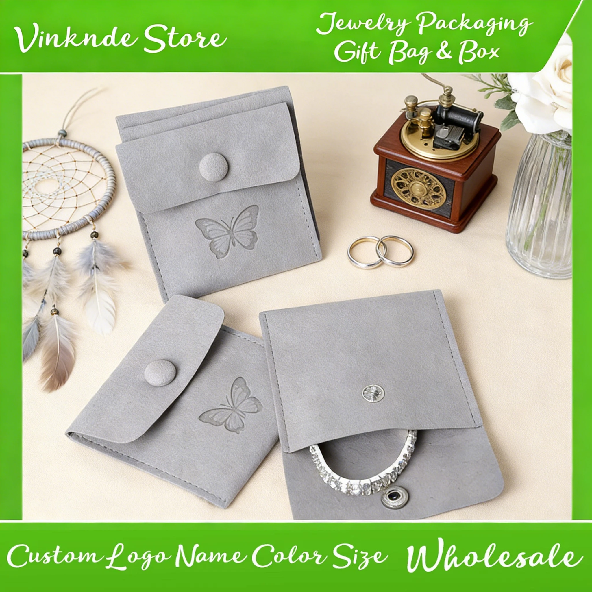 

Personalization Microfiber Jewelry Pouch Luxury Wedding Package Gift Bag with Snap Closure for Necklace Rings Earrings Organizer