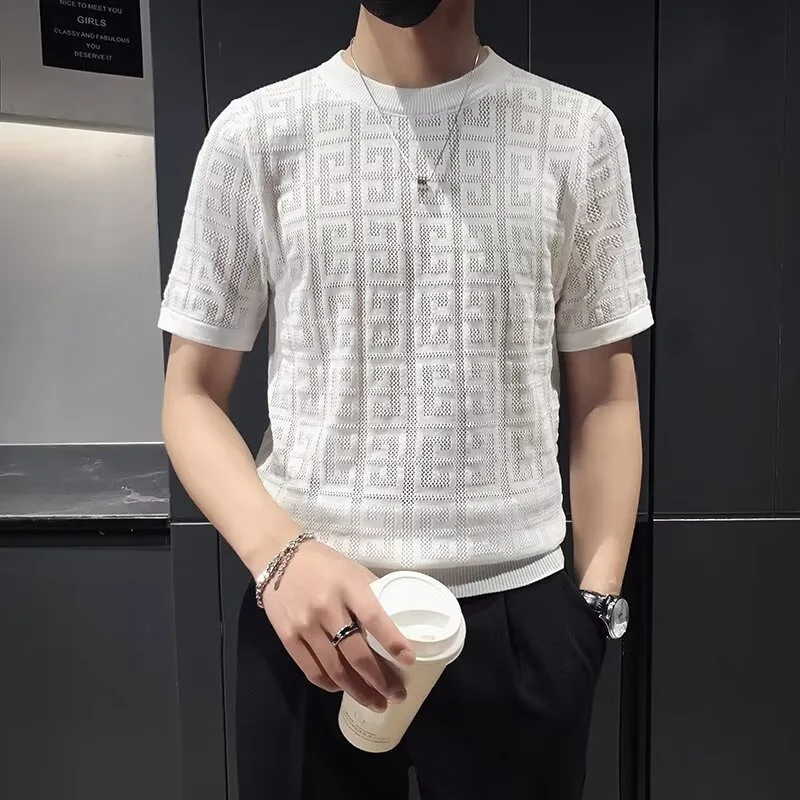 Sexy Hollow Jacquard Knit T-shirts Men\'s Summer Ice Silk Cool Sensation Casual O-neck Tshirt Social Streetwear Tee Men Clothing