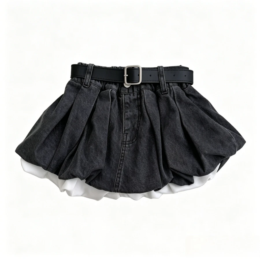 Girls Black Denim Mini Skirt With Belt Elastic Waist Puffy Bubble Hem White Inner Liner Pleated Short Skirt For Teen Streetwear