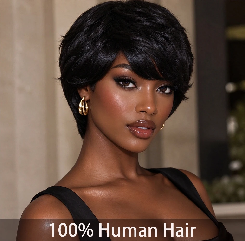 Pixie Cut Straight Human Hair Wig For Women Full Machine Made Wig Brazilian Hair Pixie Cut Wig Baby Hair For Merry Christmas