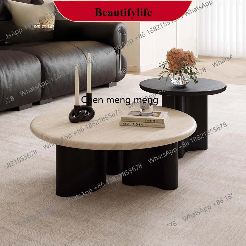 G153 French medieval cream wind natural travertine round coffee table household rock slab creative modern combination
