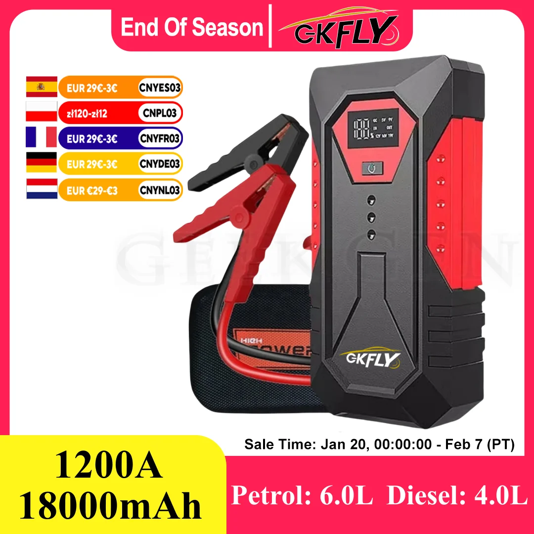 GKFLY 18000mAh Car Jump Starter Portable Power Bank Car Battery Booster 12V Car Starting Device for Petrol  6.0L Diesel 4.0L