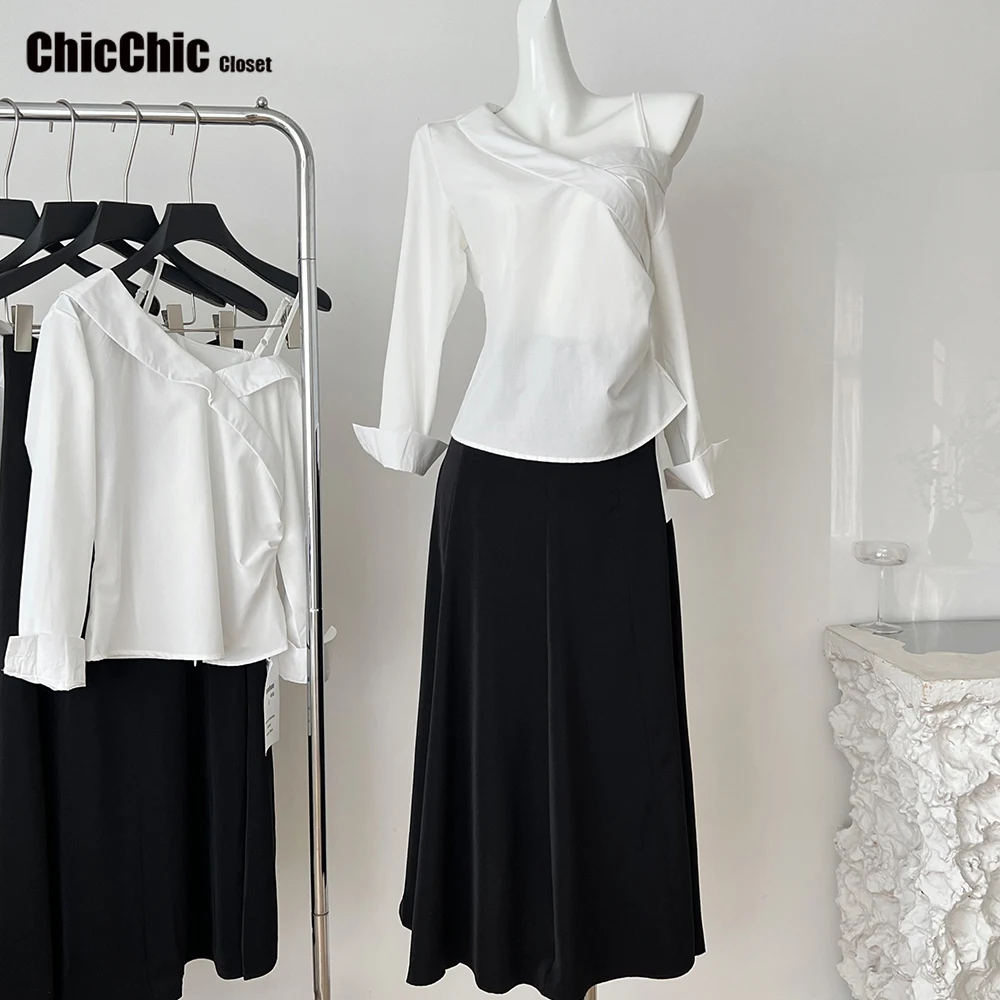 Lusi mesmo estilo 2 peças camisas de roupas femininas blusas camisa branca 2025 nova feminina elegante linha a saia de meio corpo estilo coreano