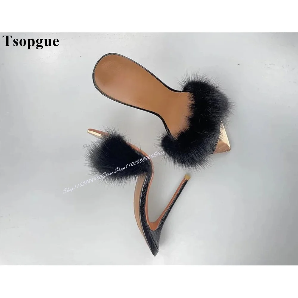 Sexy Black Fur Decor Graceful Slippers Cut Heel Thin High Heel Women Shoes Slip On Peep Toe 2024 Fashionable Zapatos Para Mujere