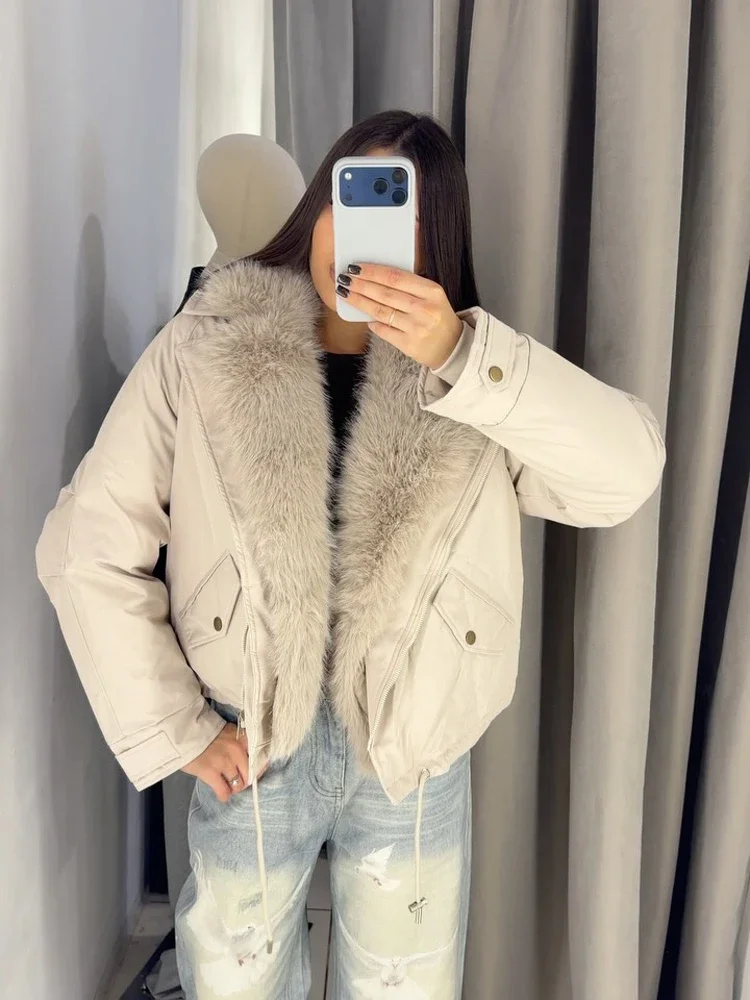 Women Faux Fur Collar Asymmetric Zip Drawstring Jacket Edgy Long Sleeve Pocket Outerwear Lady Autumn Winter Street Chic Y2k Coat