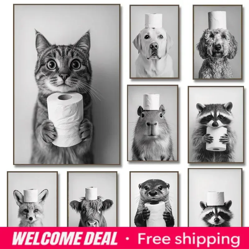 2026  Highland Cow Otter Cat Raccoon with Toilet Paper Poster Print Canvas Painting Suitable for Decoration in LivingOffices