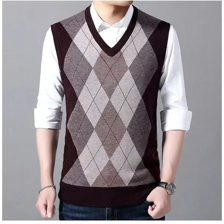 

Male Brand New Arrival Sweater Men Vest Casual Fashion Sleeveless Clothes V-Neck Contrast Color Slim Knitted Sweater Vest G69