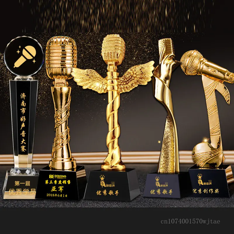 Customized Electroplated Microphone Resin Trophy, Singer Host Speech Presentation Award Home Decoration Crystal Base Trophy, 1Pc