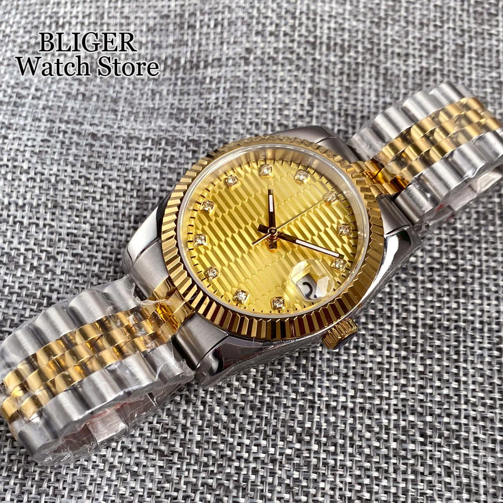 Imagem -05 - Bliger Relógio Automático Masculino Relógio Two Tone Índice Diamante Ouro Rosa Mostrador Amarelo Cinzento Bracelete de Aço Vidro Safira Nh35a 36 mm 39 mm