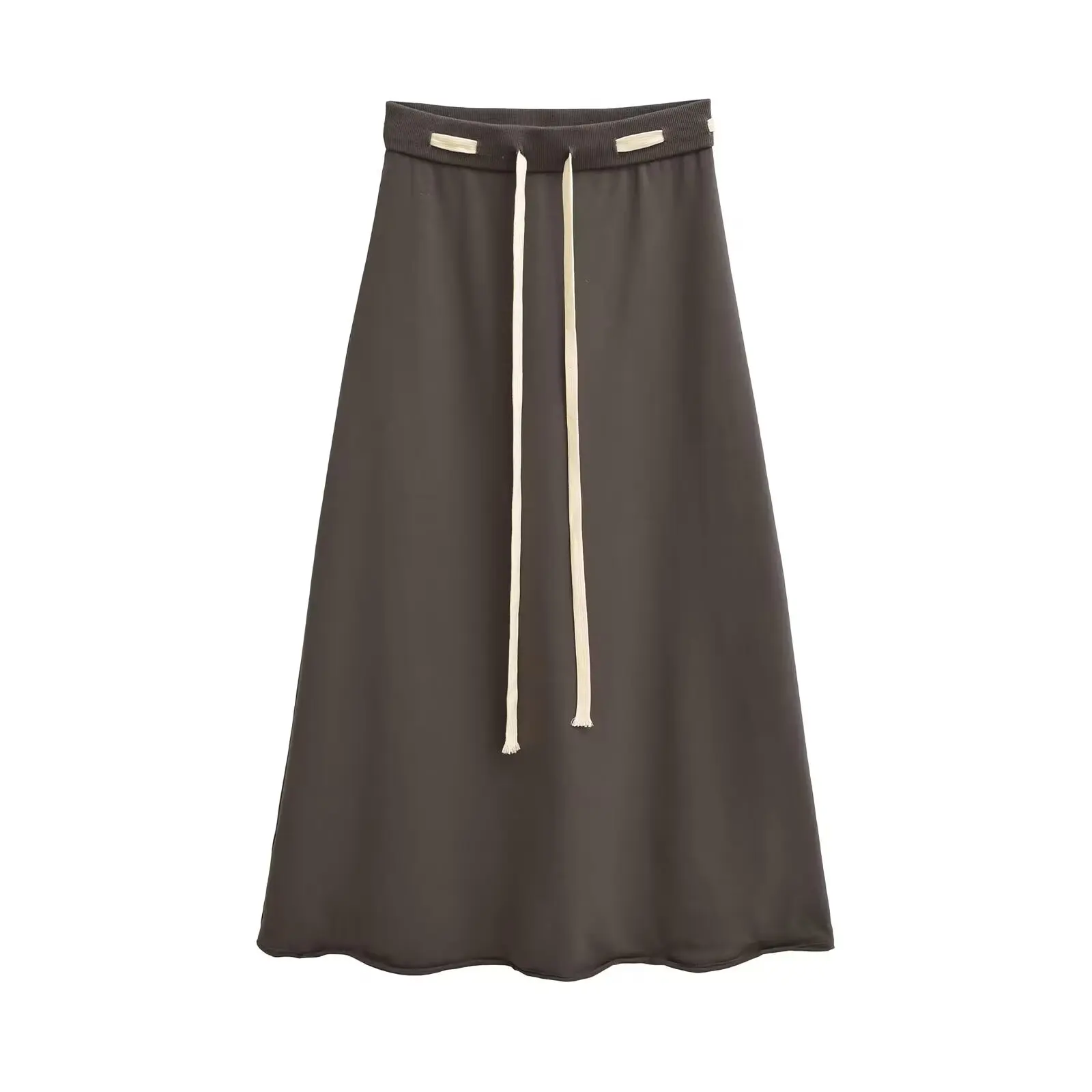 Loose Feel Color Blo Waist Rope Midi Skirt Women's Early Autumn Drape Universal High Waist Slimming A-Line Skirt