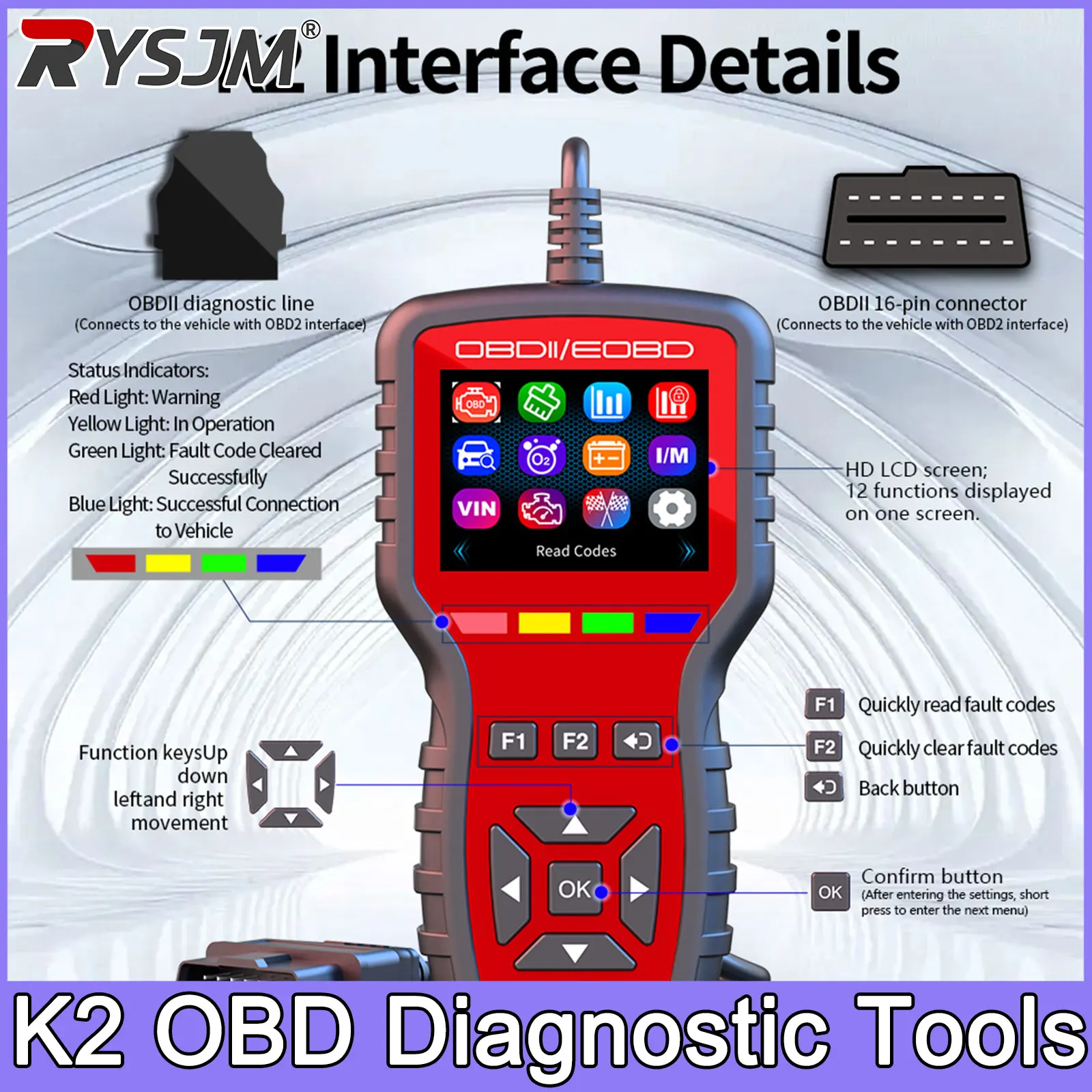 

Диагностический сканер K2 OBD2 для автомобилей с EOBD, считыватель кодов неисправностей, считывание кодов неисправностей двигателя, проверка состояния двигателя