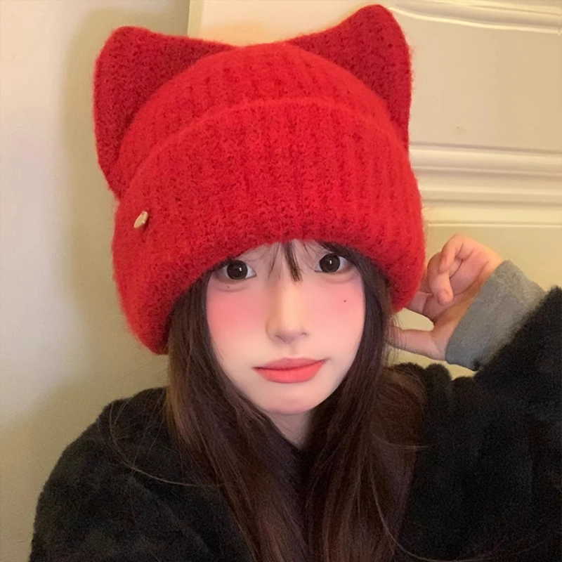 

Cute Cat Ear Design Red Knitted Hat for Women Autumn and Winter New Thickened Warm Ear Protection Versatile Casual Beanies