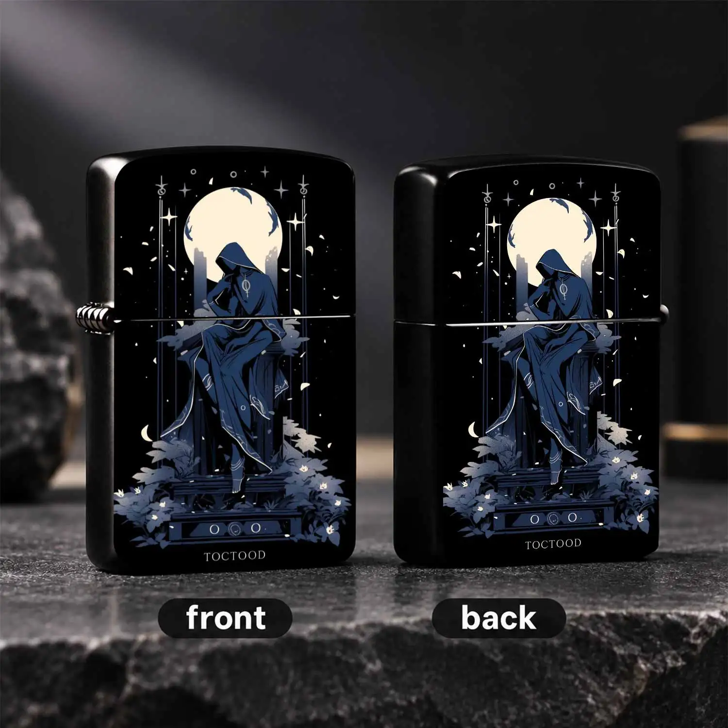 Vintage Mysterious Moon God Tarot Style, Dark Night Blue Tone Hooded Hermit Art Pattern Body, Atmospheric Starry Moon Phase Decor Portable Igniter, Unique Niche Collectible  Igniter , Ideal Gift For Daily Use And Multi-Scene Display A Fun A