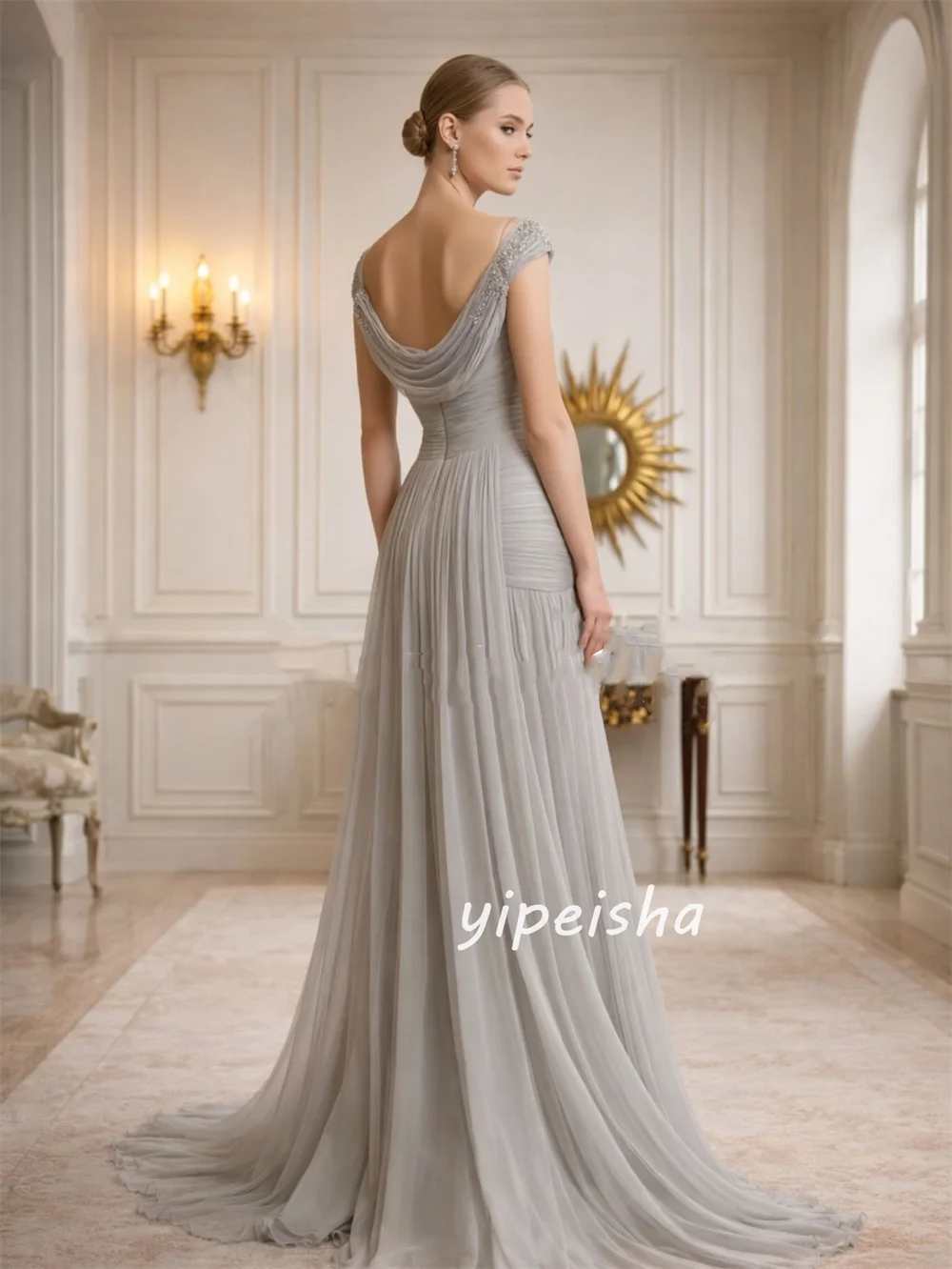 Customized Gray Intricate Fashion Chiffon Pleat Ruched Draped Beading Sequined Mermaid Off-the-shoulder Floor-Length