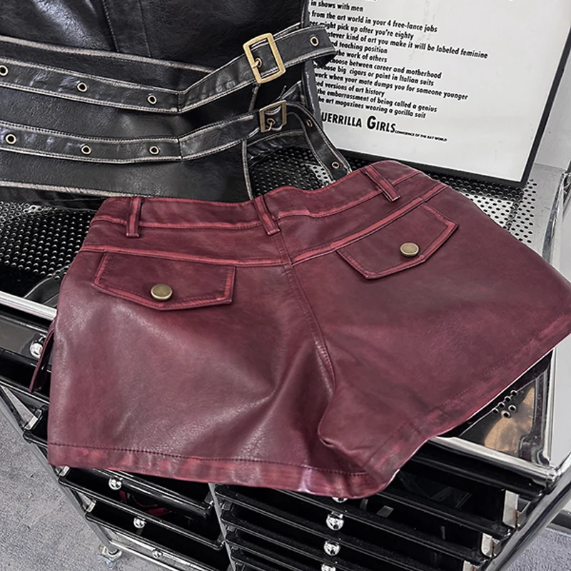 Sexy chique gesp asymmetrische lederen shorts dames Y2k streetwear laagbouw korte rok uitgaan party club wear casual bodems