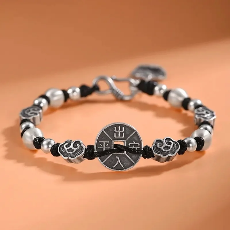 

In And Out Safe Cloud Braided Rope 999 Men Trendy Silver Lucky Bead Bracelet