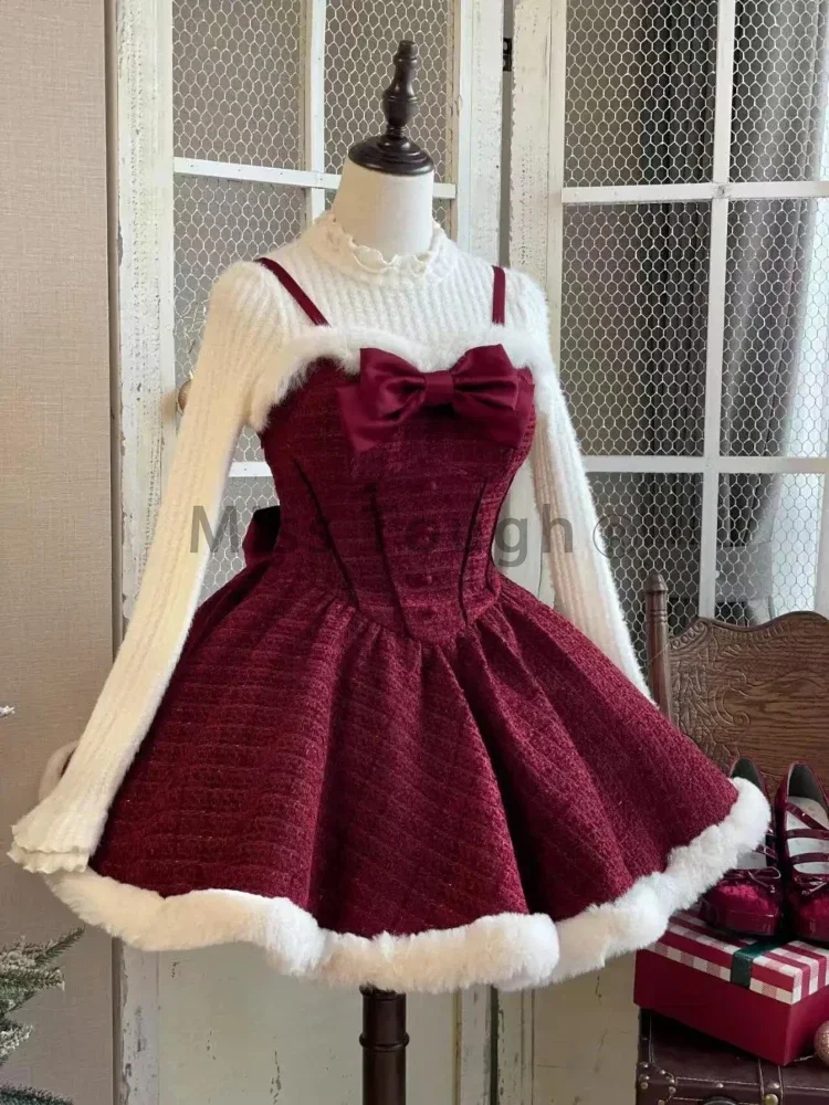 Japanese Sweet Lolita Dress Set Women Kawaii Bow Plush Shawl Short Jackets Party Mini Dress Suit Christmas New Year 3 Piece Set