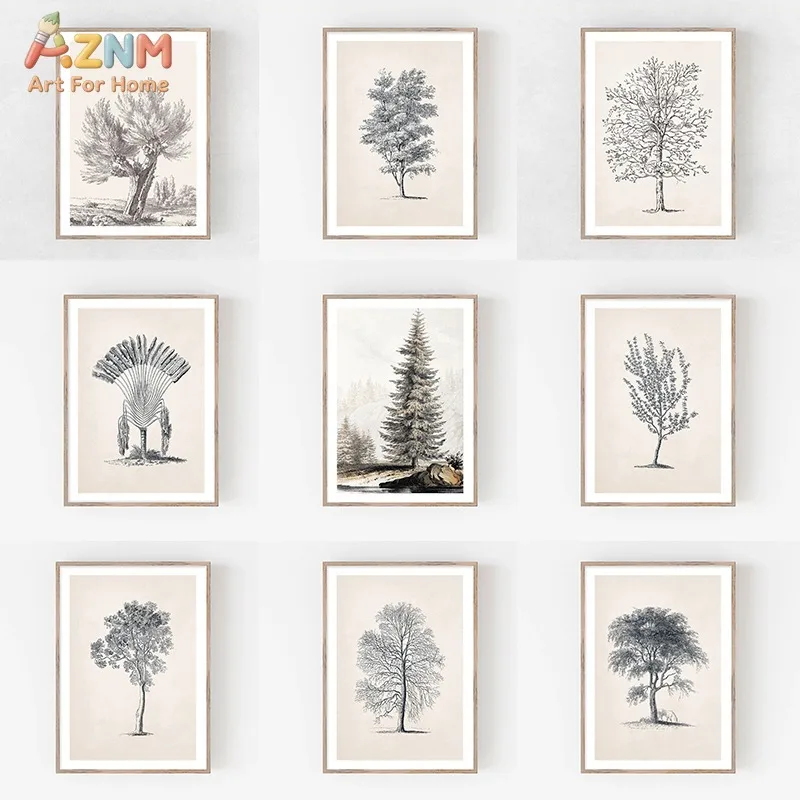 AZNM Minimal Vintage Tree Botanical Canvas Wall Art, Monochrome Sketch Plant Branch Neutral Boho Home Living Room Bedroom Wall D