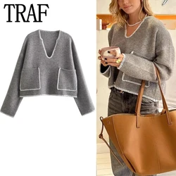 TRAF Grey Cropped Sweaters For Women Autumn Winter Knitted Sweater Woman Long Sleeve V Neck Knit Top Pullover Short Sweaters