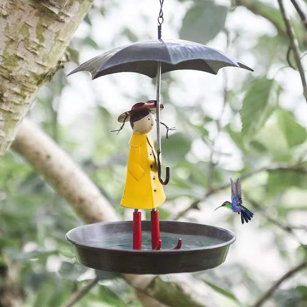 

SWEETHOME METAL Creative Hanging Bird Feeder Girl With Umbrella Tray Outdoor Garden Yard Decoration