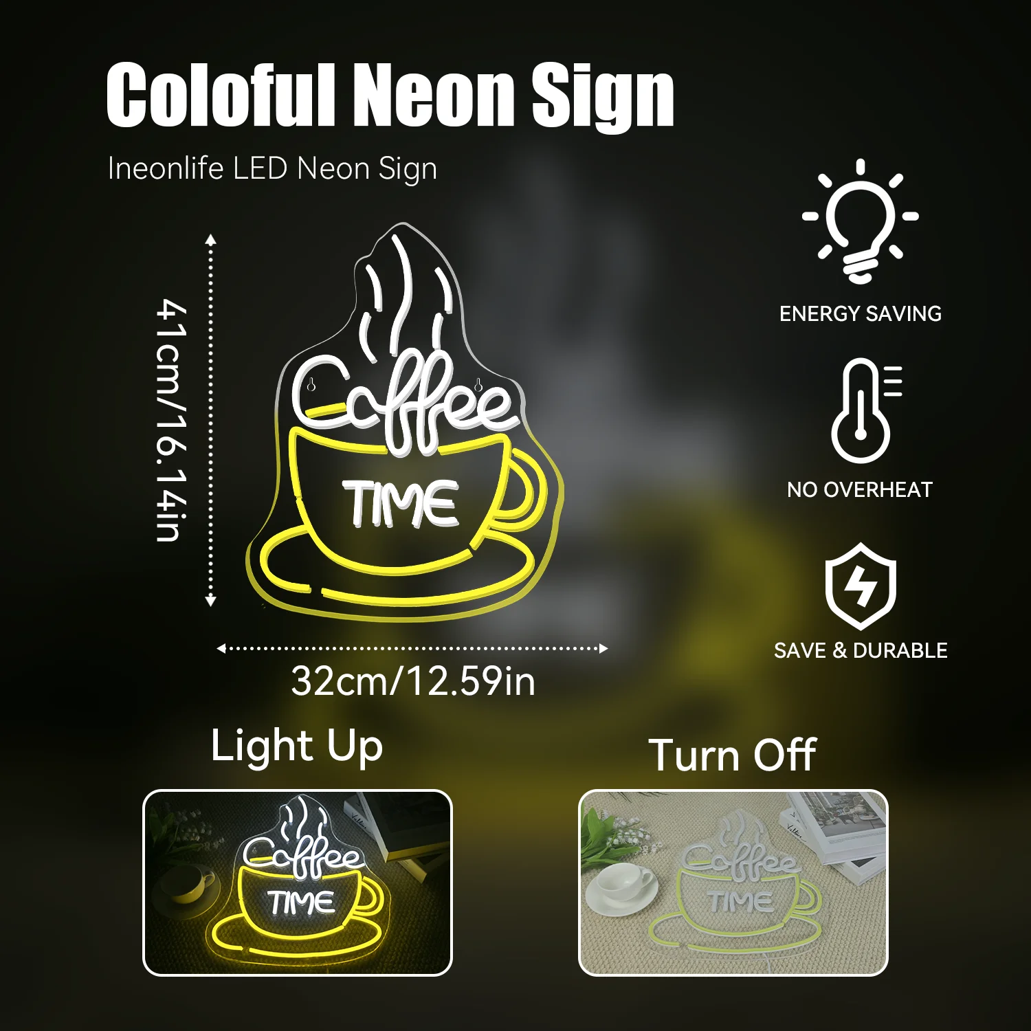 Coffee Time Neon Sign Dimmable Light Up Signs Art Wall Hanging Decor for Cafe Shop Home Bar Restaurant Business 