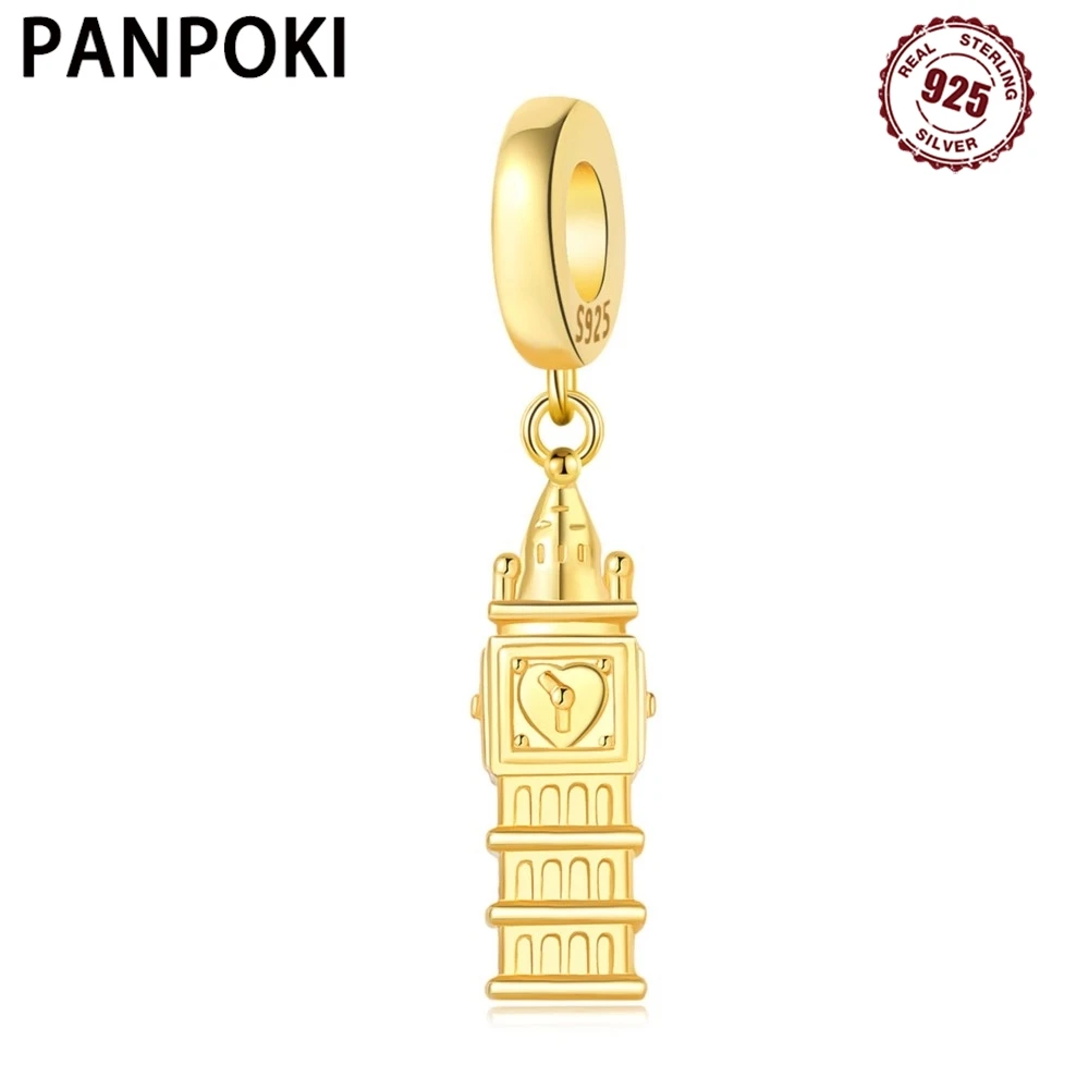 925 Sterling Silver Golden Colour London Big Ben Pendants Bracelet Charms Fit Women Jewelry Party Beads DIY Fine Gift Accessory