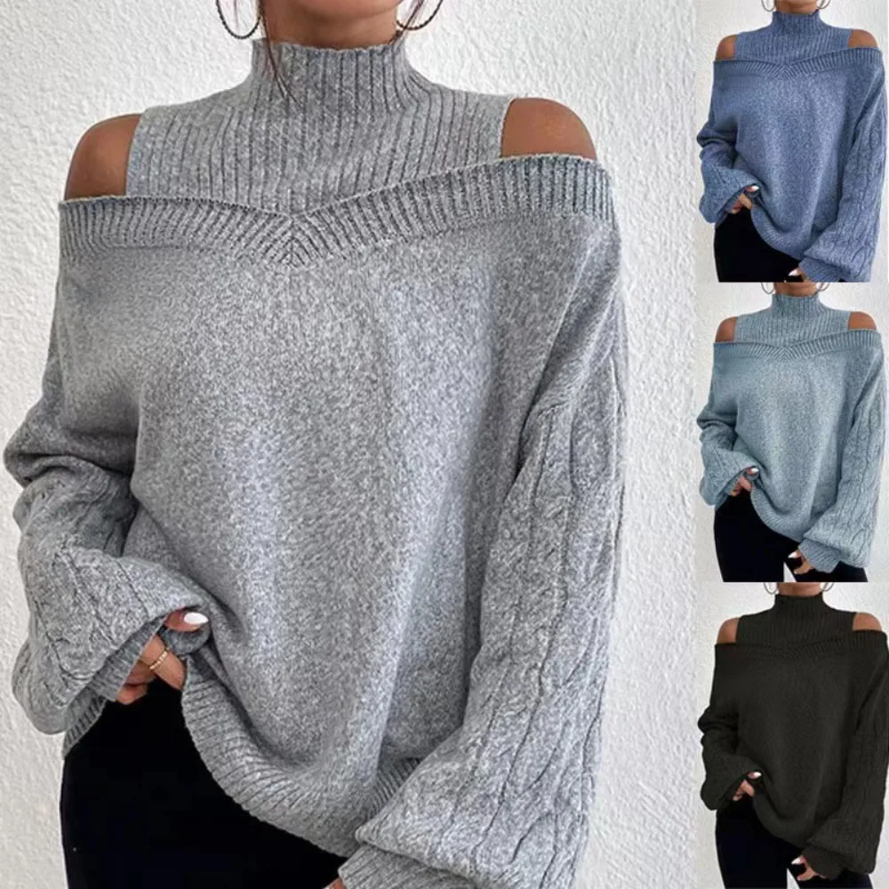 Autumn and Winter New Off Shoulder Half High Neck European and American Sweater Women's Loose Large Edition Knitted Sweater