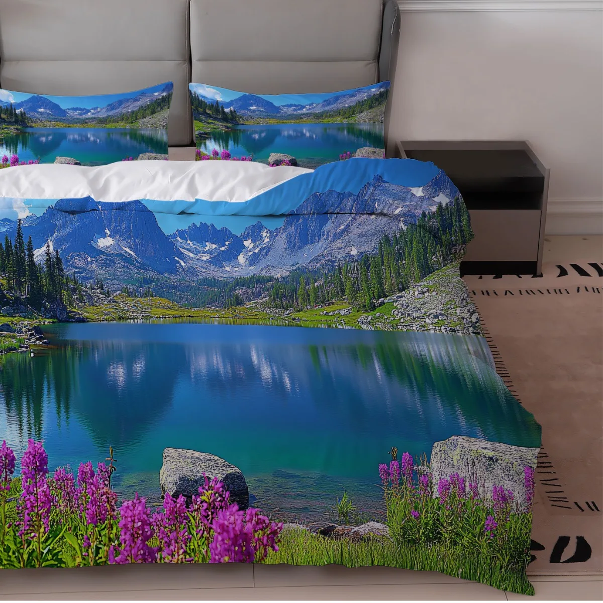 Polyester Fiber Duvet Cover Set of Three, 2D Flat Printed Duvet Cover Set, Duvet Cover Bedding Set, Mountain and Lake Scenery Blue Duvet Cover + Pillowcase, Invisible Zipper, Large Duvet Cover Set, Bedding Set, Quilt Cover