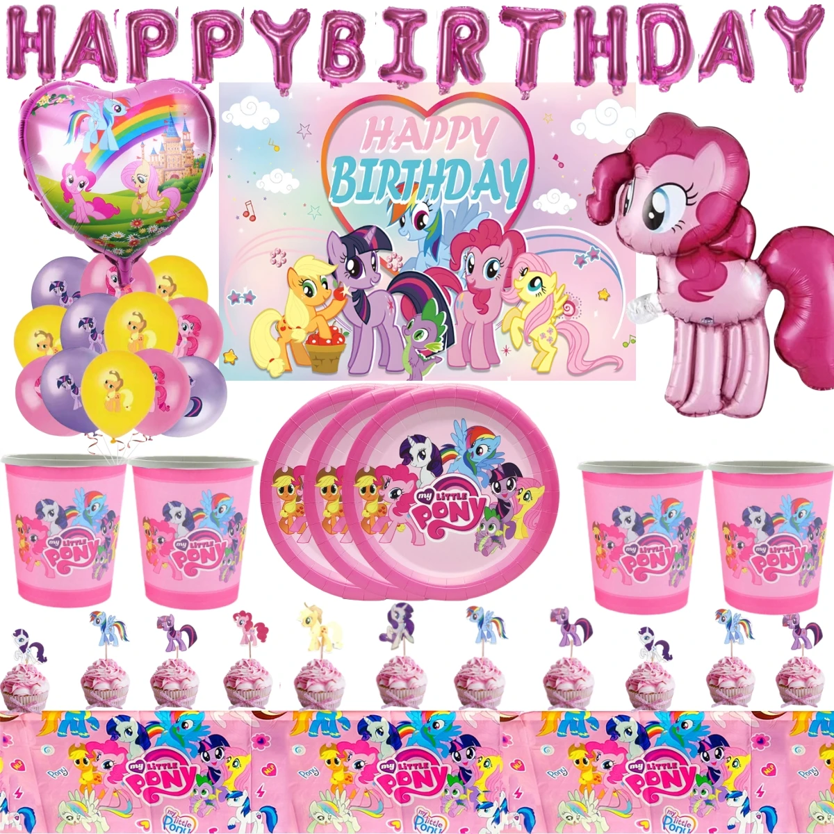 

Little Pony Party Decoration Happy Birthday Balloon Pink Horse Disposable Tableware Set Plate Cups Backdrop Girls Party Supplies