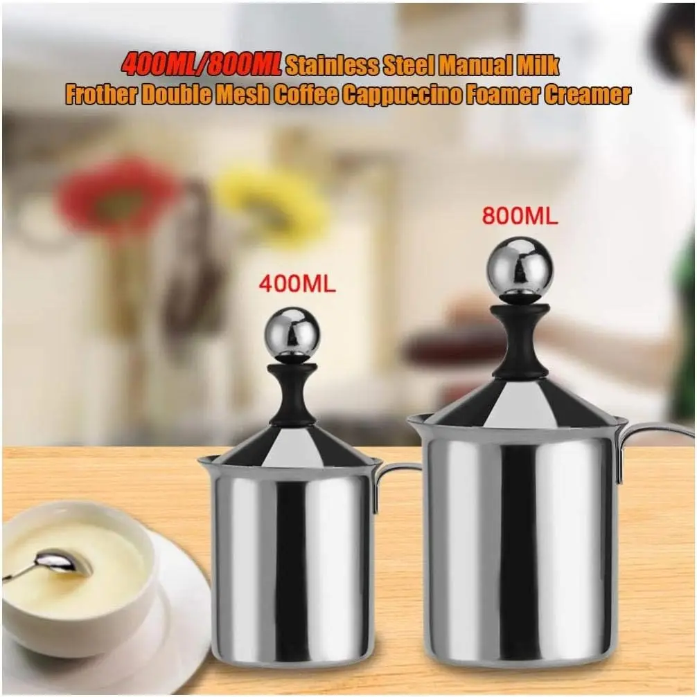 Manual Milk Frother,400ML/800ML Stainless Steel Manual Milk Frother Double Mesh Coffee Cappuccino Foamer Creamer(400ml)