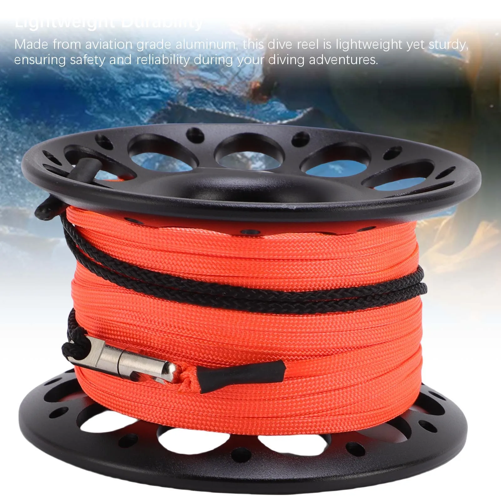 Picture 3: 30M Aluminum Alloy Scuba Diving Spool Finger Reel with Stainless Steel double ended hook Cave Tech Wreck Diving Finger Reel