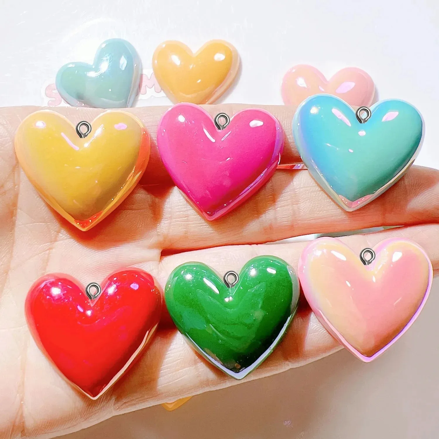 10 Pieces Glossy Color Love Heart Resin Cabochons Handmade DIY Ornaments Suitable for Key Chain Earrings Bracelets Necklaces