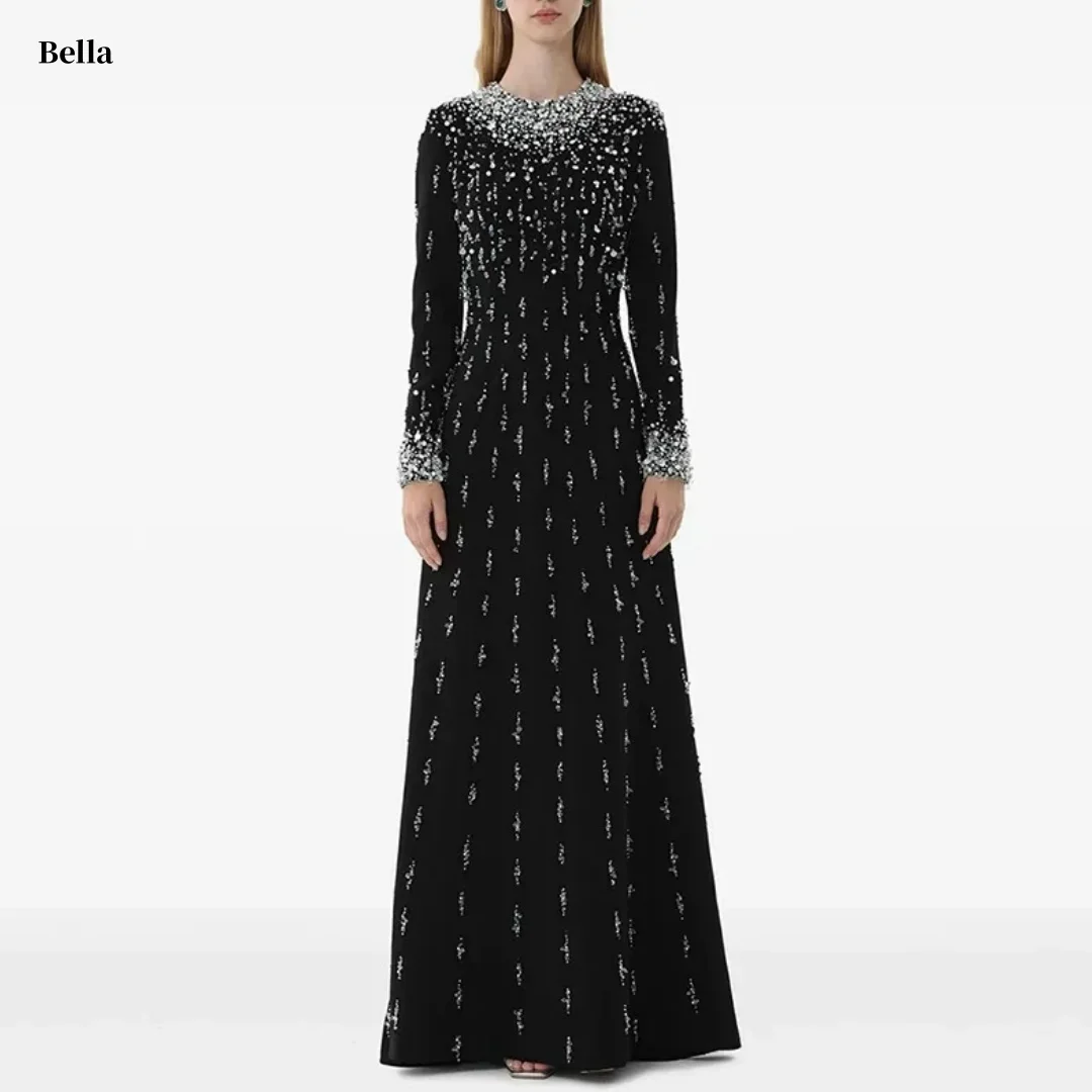 Bella personnalisé noir col rond à manches longues cristal gouttelette embelli coupe ajustée Maxi robes de soirée robes de soirée élégantes
