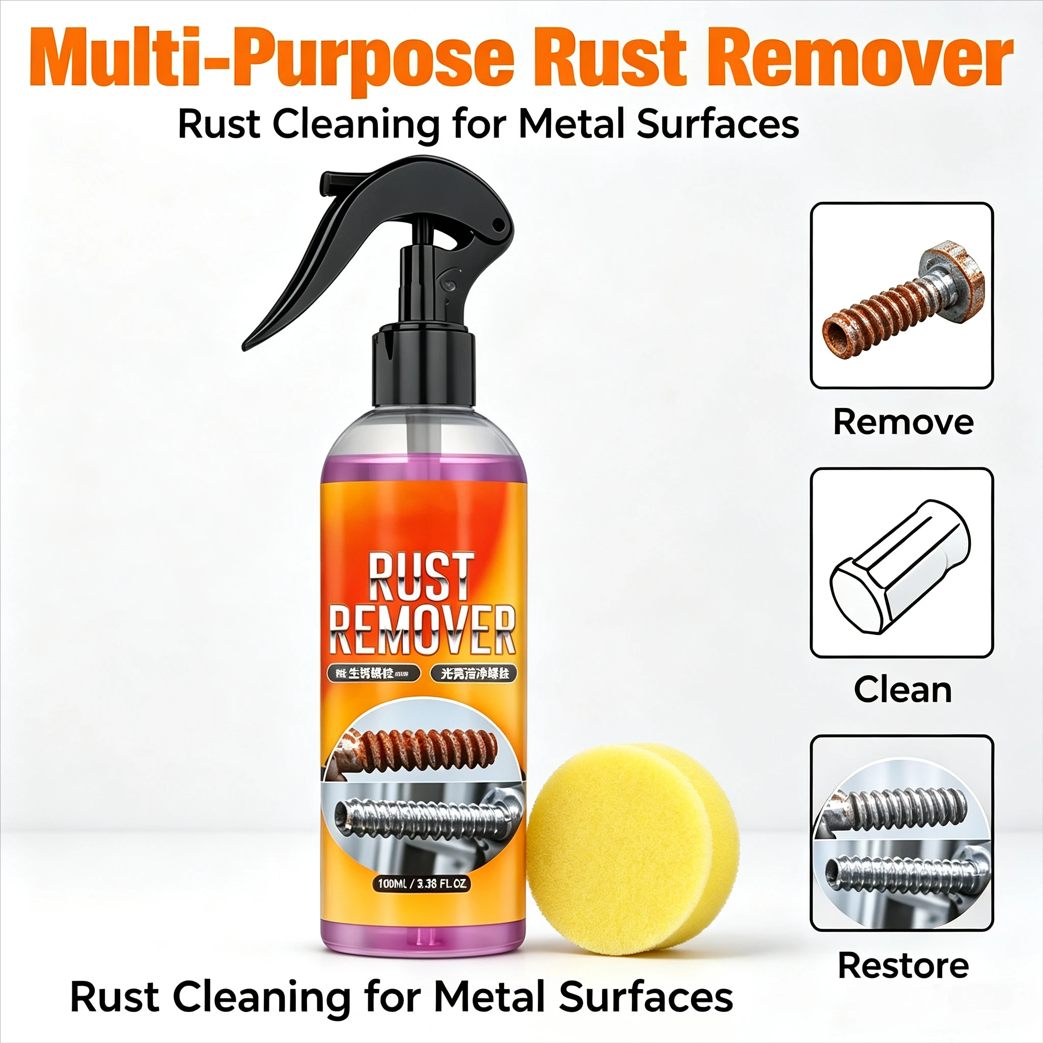 Multipurpose Iron Oxidation Eliminator Car Rust Remover Spray 100ml With Sponge Restores Surface Shine For Auto Metal Components