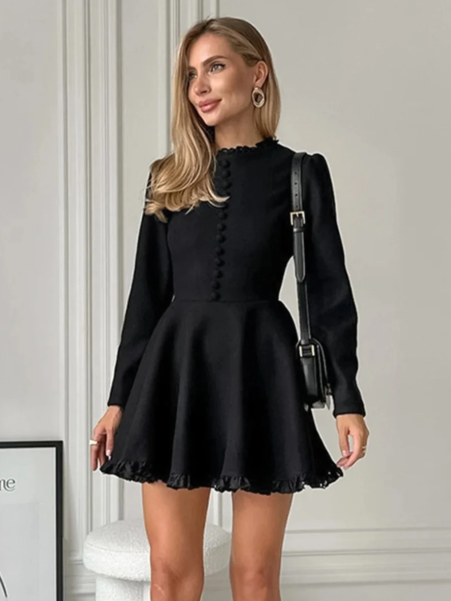 

Кружевное платье трапециевидной формы во французском стиле с круглым вырезом и застежкой на талии Черное платье Хепберн Ветер Короткая юбка с длинным рукавом для поездок на работу Elegan